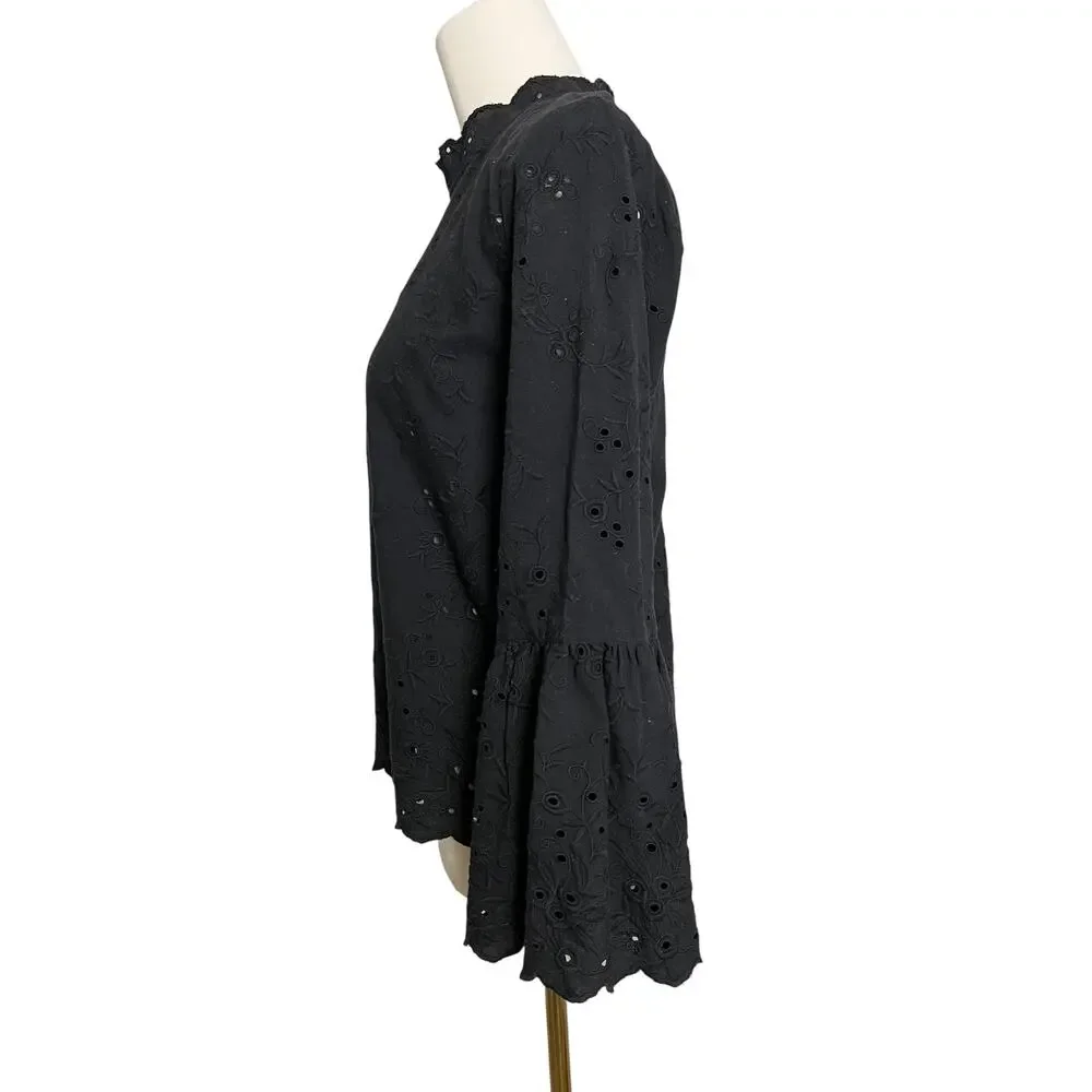 Ulla Johnson Blouse Womens 6 Black Embroidered Eyelet Bell Sleeve Mock Neck Top